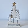 Three Christmas Trees on a Painted Wooden Block Stand