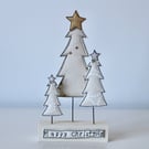 Three Christmas Trees on a Painted Wooden Block Stand