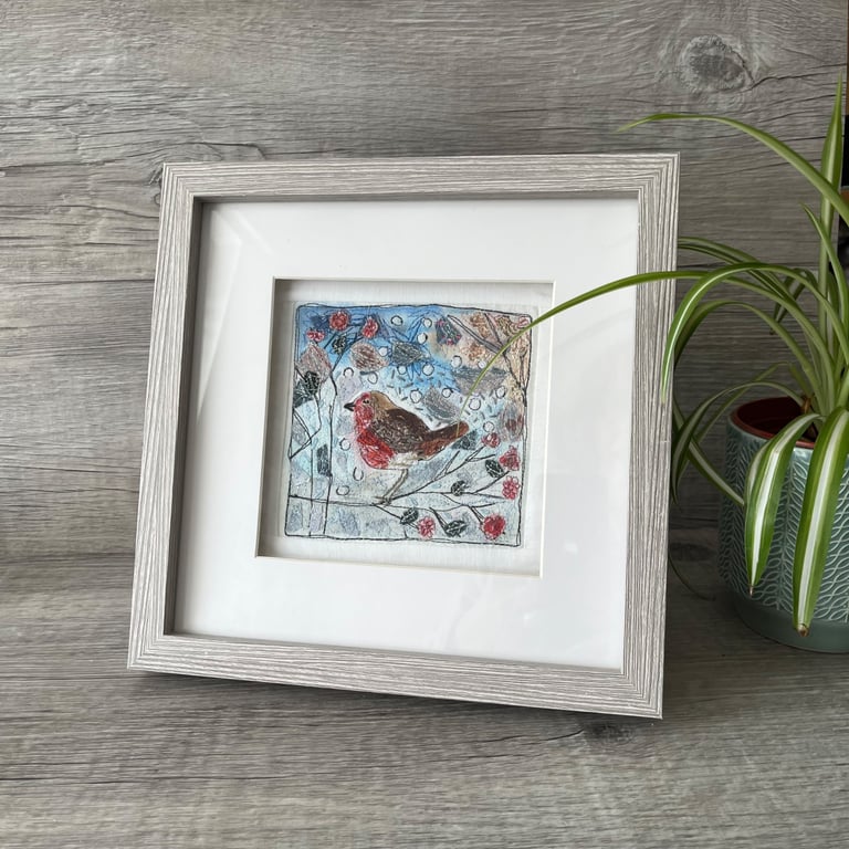 Framed Free Motion Robin Embroidery Textile Art 