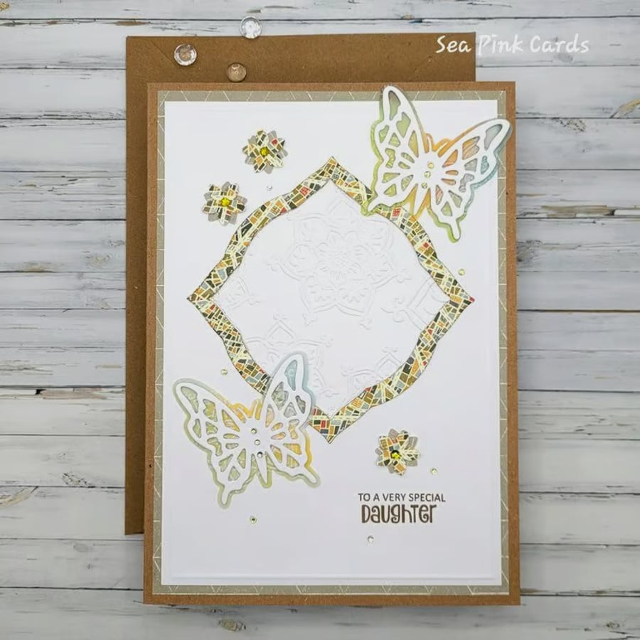 Daughter Birthday Card - cards, embossed, mandala, butterfly, nature colours