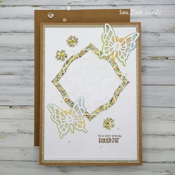 Daughter Birthday Card - cards, embossed, mandala, butterfly, nature colours