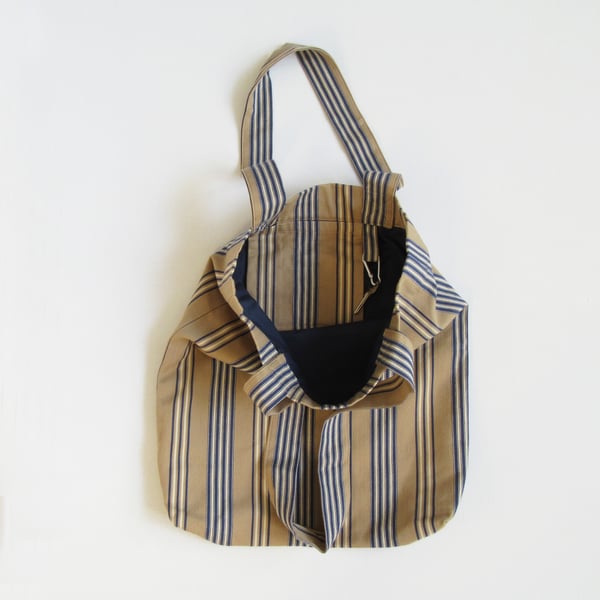 One-of-a-kind Classic Beach Stripe, Large Tote Bag. Fully Lined. Beige, Blue