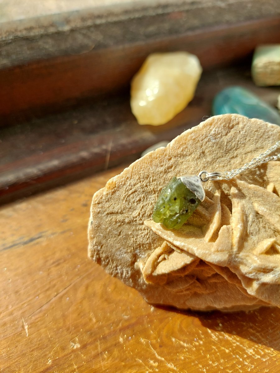 Raw Peridot Crystal and Sterling Silver Necklace - August Birthstone