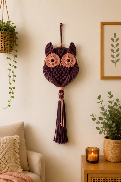 Brown Macrame Owl Wall Hanging - Handmade Boho Wall Decor.