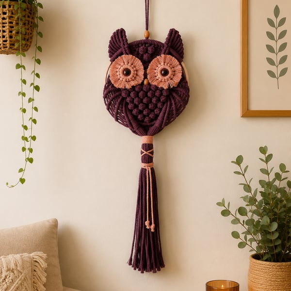 Brown Macrame Owl Wall Hanging - Handmade Boho Wall Decor.