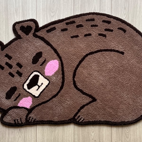 100% New Zealand Wool Bear Rug, Handmade Tufted Sleeping Bear Nursery Decor