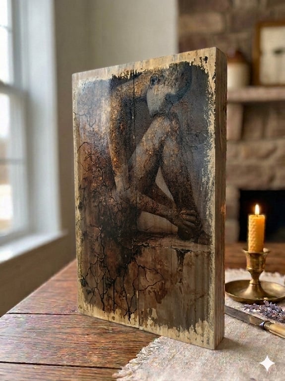 Rustic Gold Leaf Textured Abstract Figure Pine Wood Wall Art - Photo Transfer