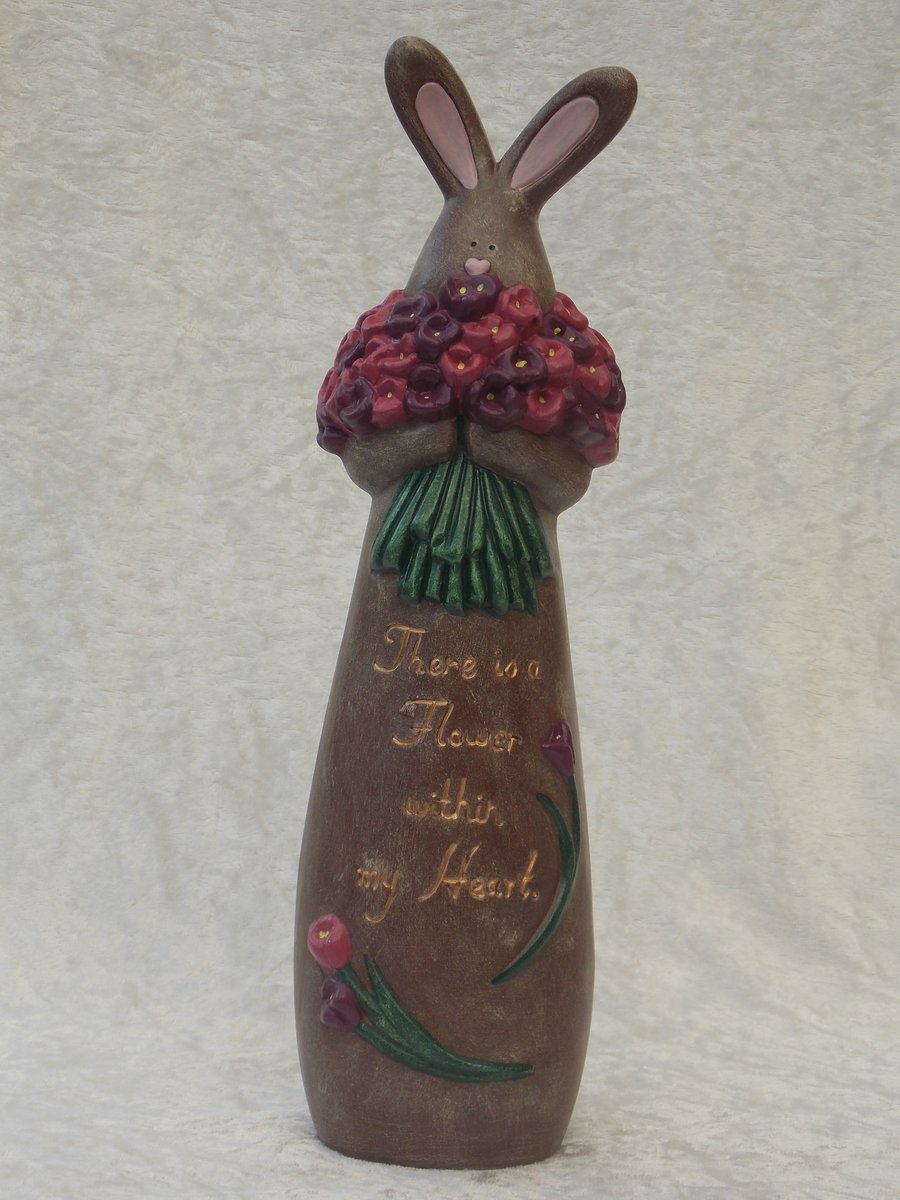 Ceramic Hand Painted Brown Bunny Rabbit Tulip Flowers Animal Figurine Ornament.