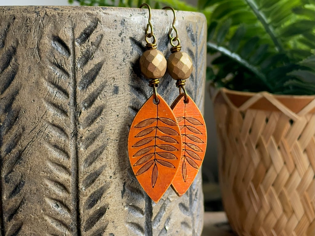 Hand Painted Orange & Bronze Wooden Charm Earrings. Boho Style Autumn Jewellery