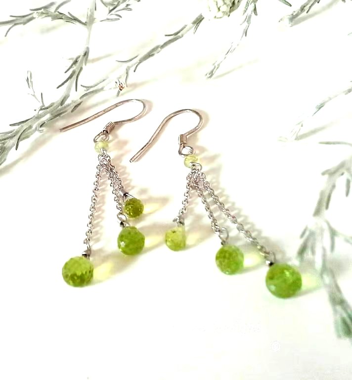 Designer Dangle AA Peridot Briolette Cut Sterling Silver Earrings