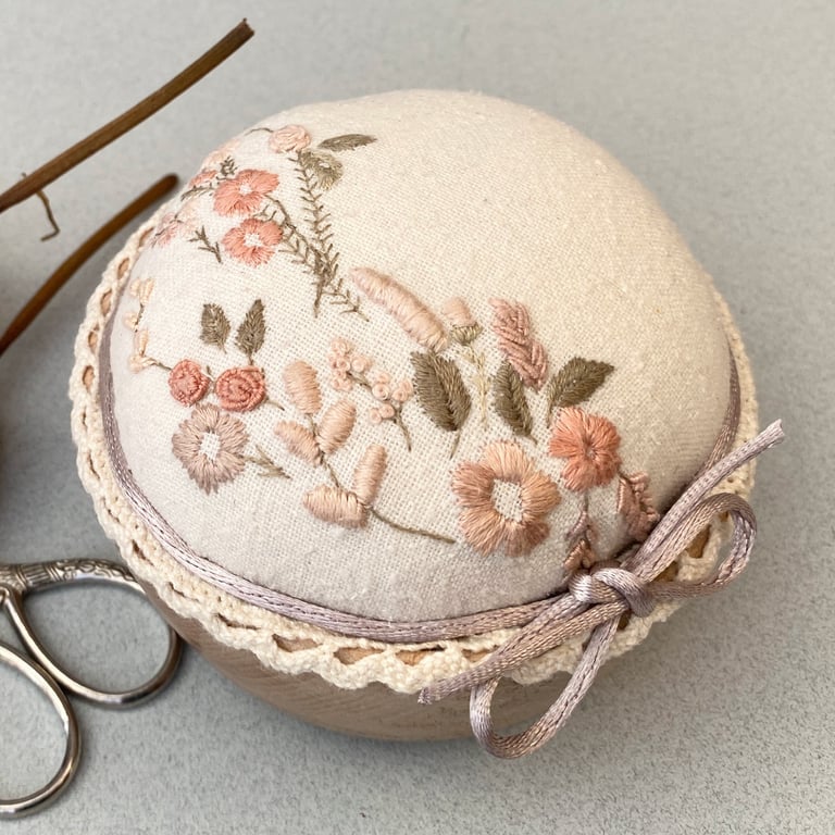 Hand Embroidered Pin Cushion, pincushion sewing room gift