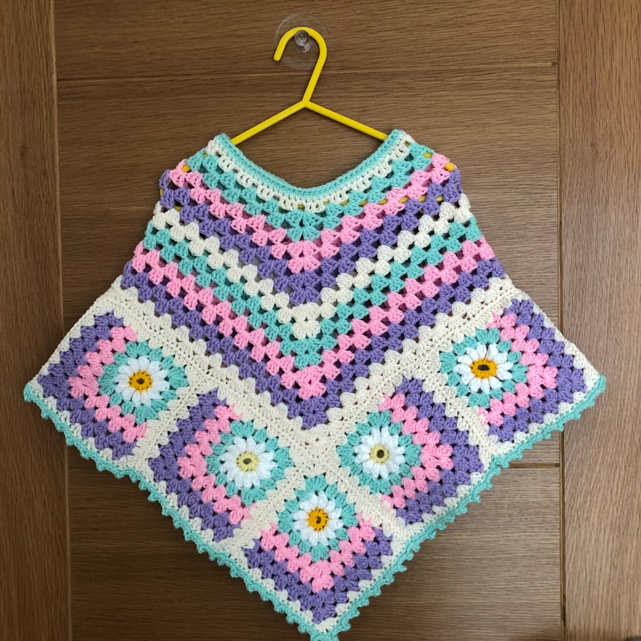 Crochet Poncho Tabard For A Child 2-3 Years Multi Colours With Flowers (R549)