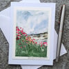 Buttercups and Pastel Pink Flowers. Blank Card. Original Painting. Countryside.