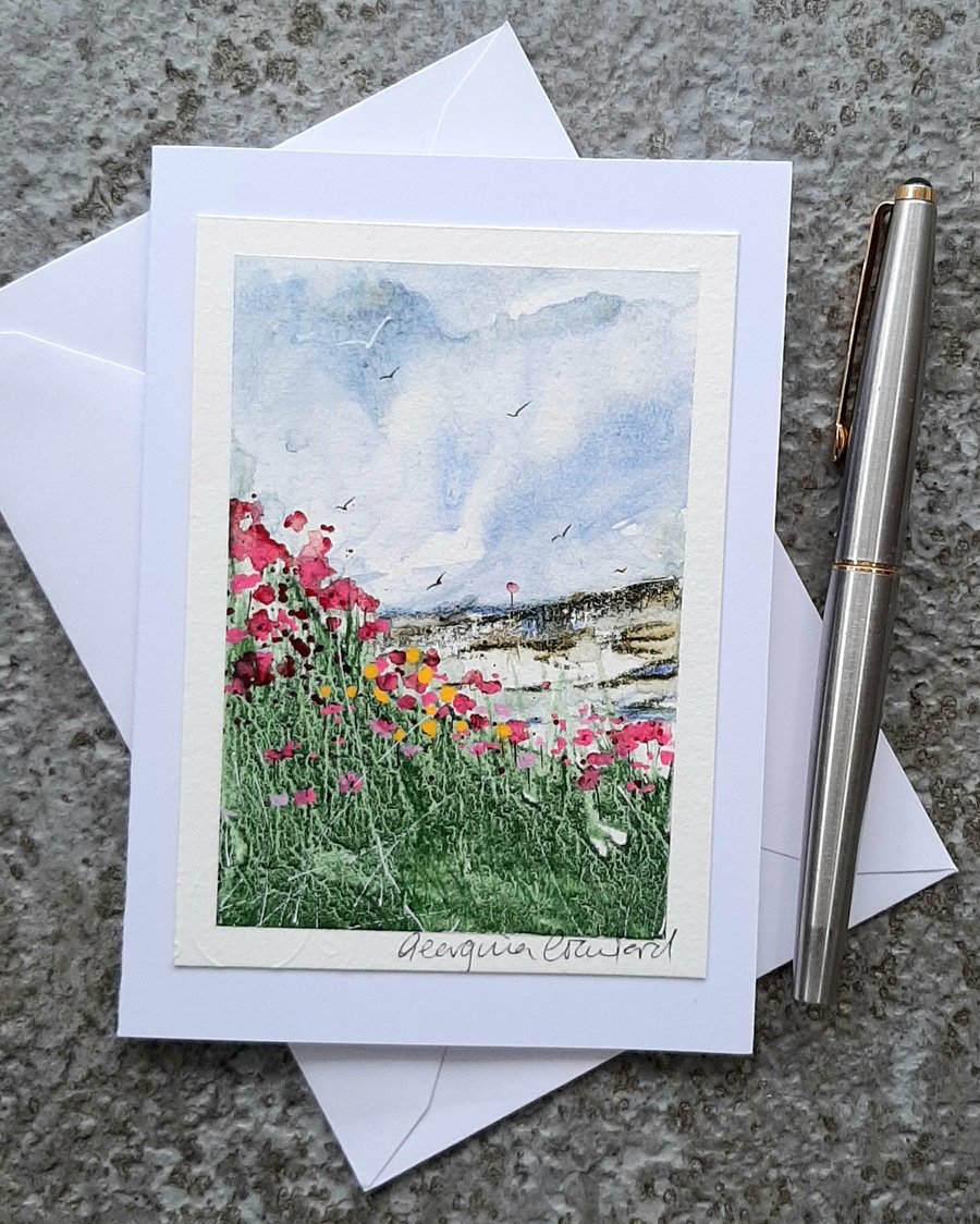 Buttercups and Pastel Pink Flowers. Blank Card. Original Painting. Countryside.