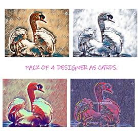  Pack of 4 Blank Swan Cards Unique Designs A5 Size.