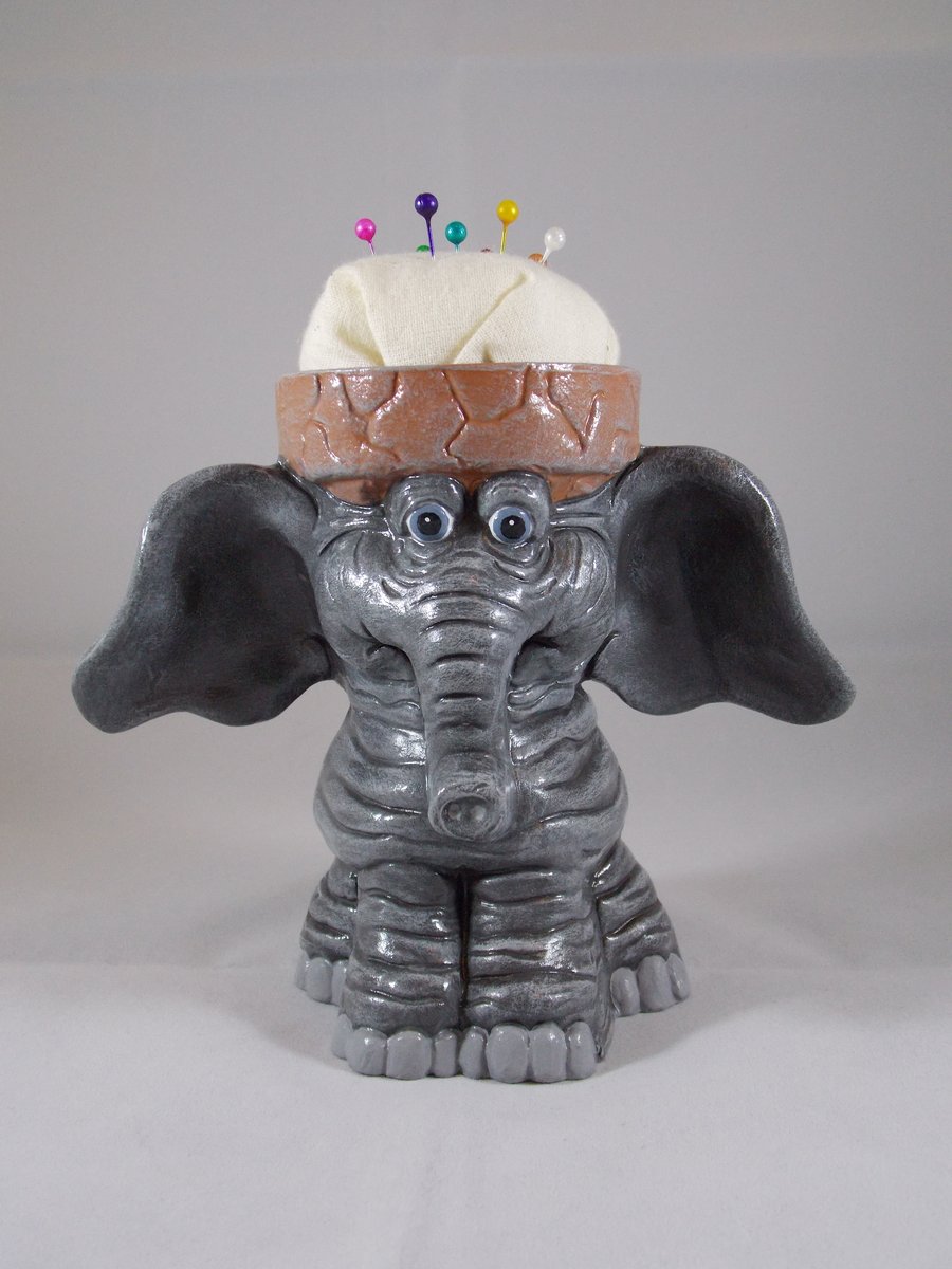 Ceramic Hand Painted Grey Elephant Figurine Animal Sewing Craft Pin Cushion.