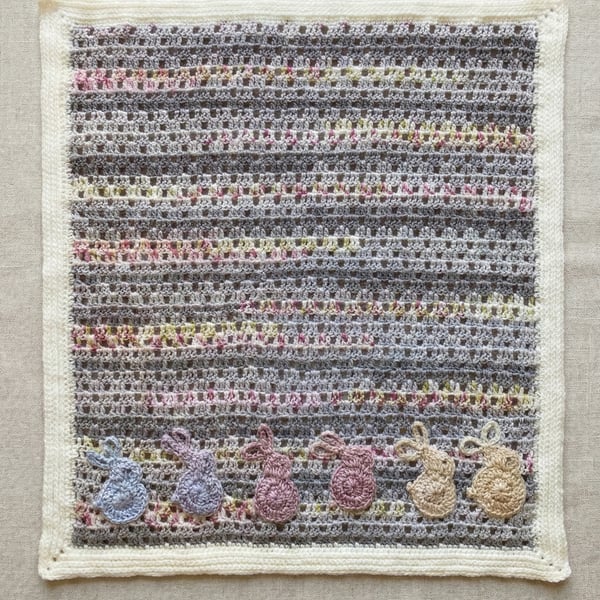 Handmade Crochet Baby Blanket with Bunny Applique - Pastel Pram Blanket 