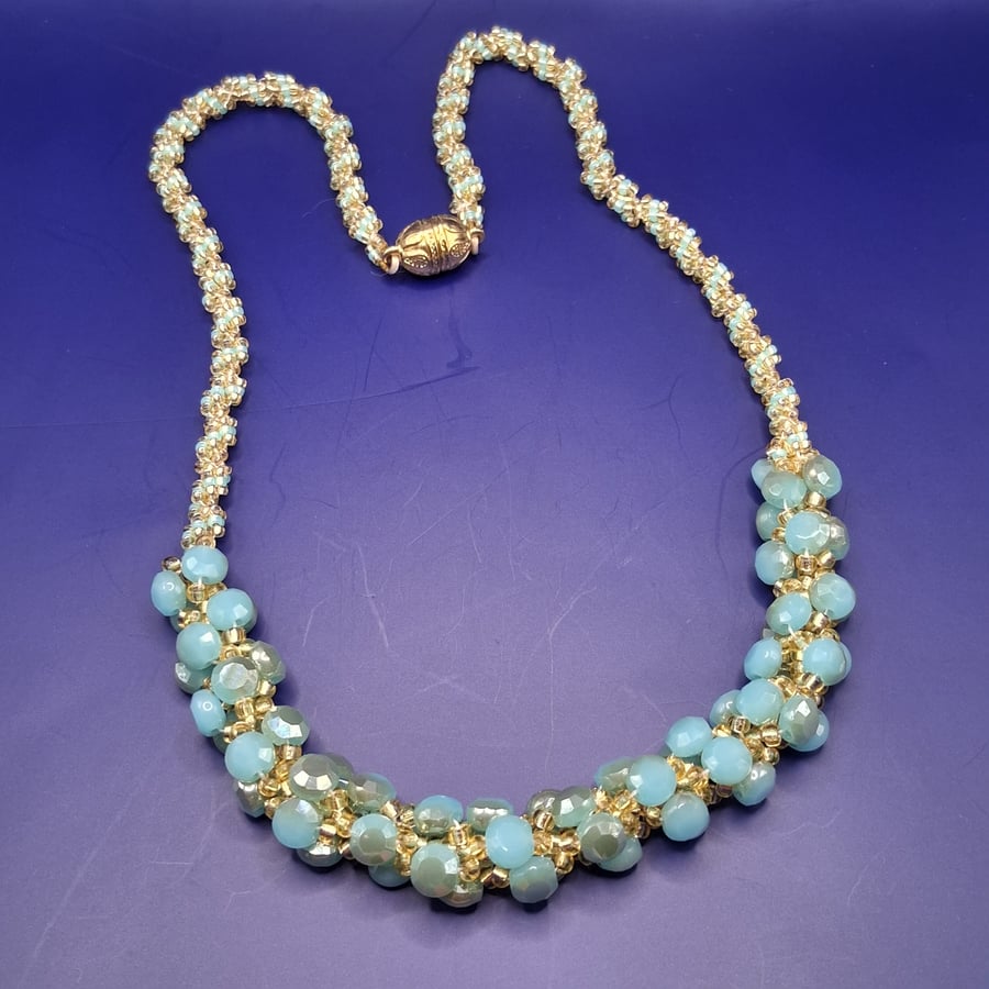 Hand Crafted Beaded Necklace in Turquoise & Gold Colour