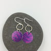 Dark pink circle dangly earrings with leaf print and recycled silver ring 