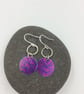 Dark pink circle dangly earrings with leaf print and recycled silver ring  - Image 1