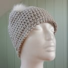 Crochet ladies sparkly silver winter beanie with faux fur pom