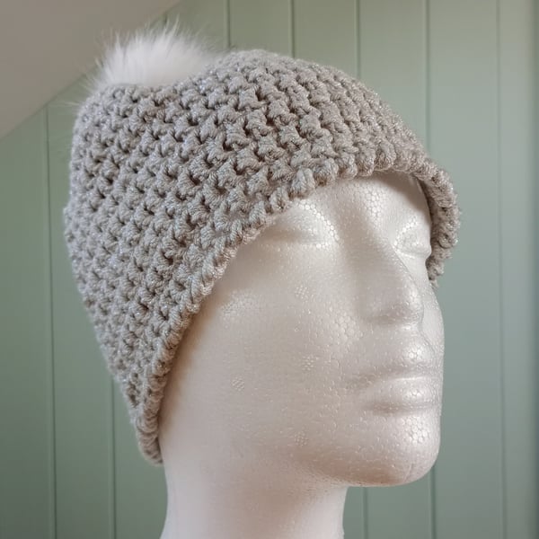 Crochet ladies sparkly silver winter beanie with faux fur pom