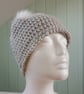 Crochet ladies sparkly silver winter beanie with faux fur pom
