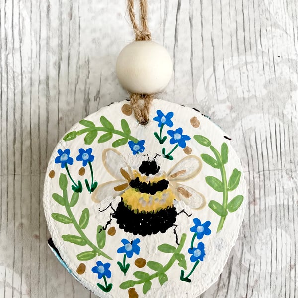 Bumble Bee Wood Slice Hanging Decoration Hand painted Wood Slice Art