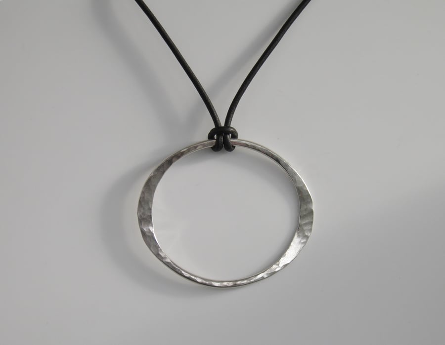 Silver Oval Ring on Leather Choker Hammered Sterling Silver 