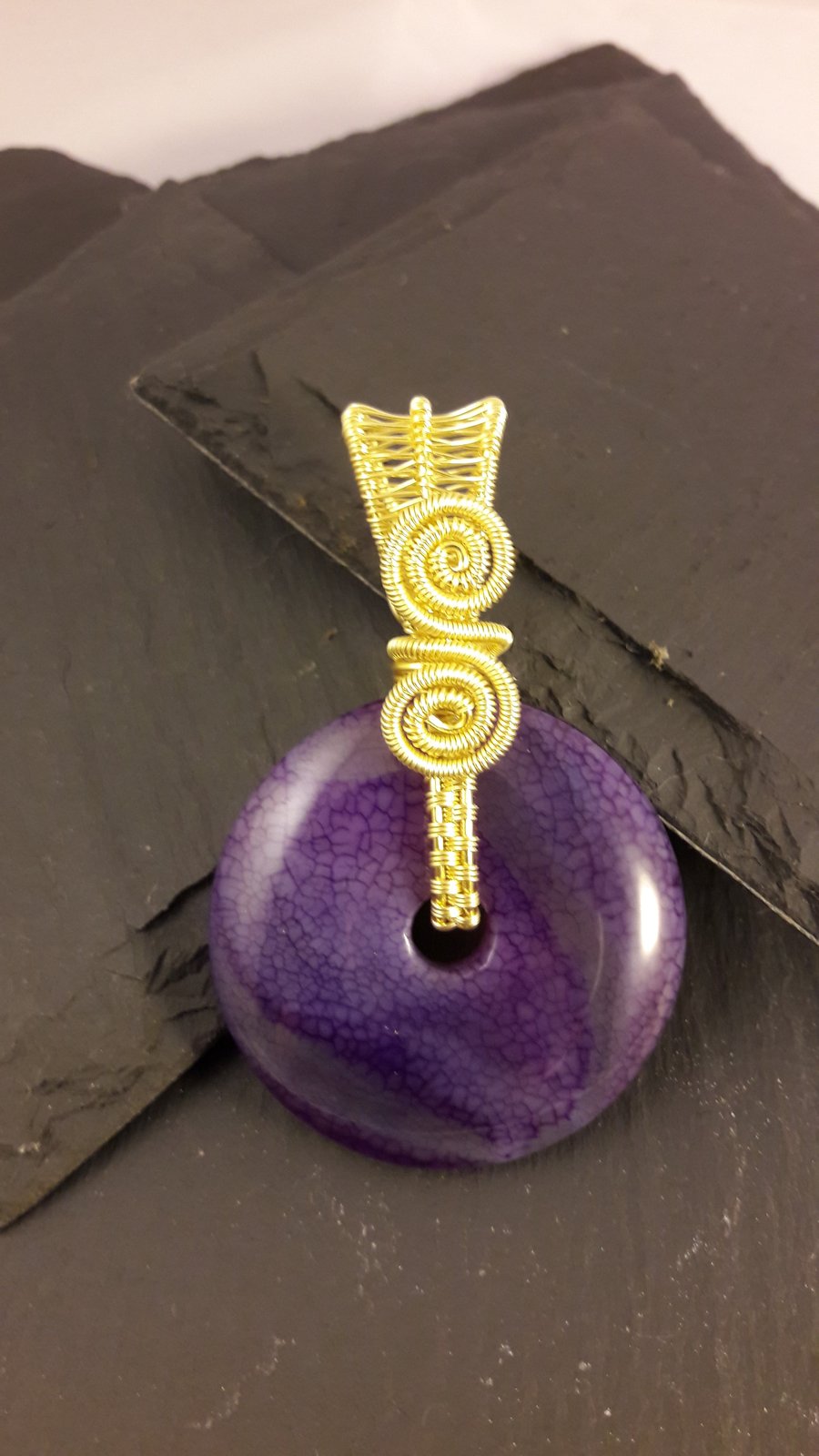 Purple Agate in Gold-Plated Wire Wrapped  Reversible Donut Pendant