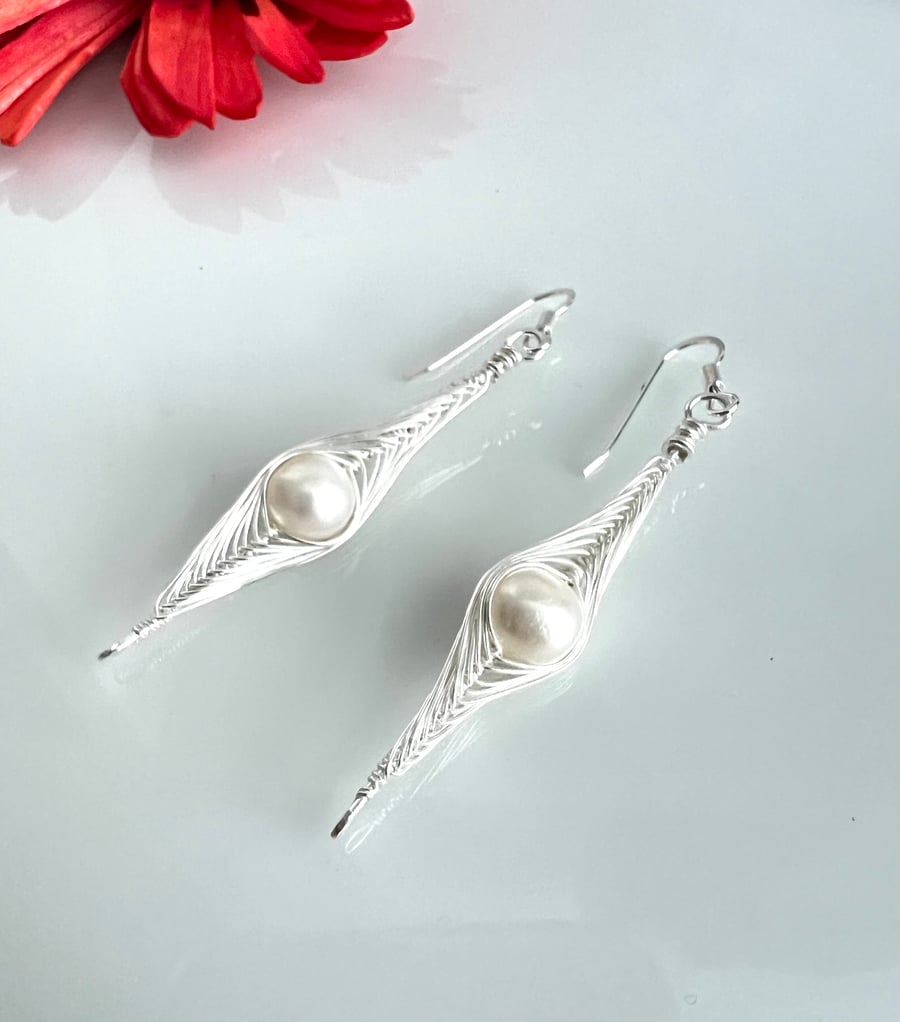 Silver Herringbone Wire Wrapped Earrings with White Freshwater Button Pearls