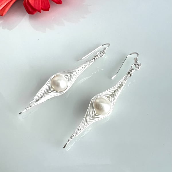 Silver Herringbone Wire Wrapped Earrings with White Freshwater Button Pearls