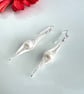 Silver Herringbone Wire Wrapped Earrings with White Freshwater Button Pearls - Image 1