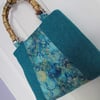 Turquoise 'Harris Tweed' Handbag with Dragon Panel and Bamboo Handles