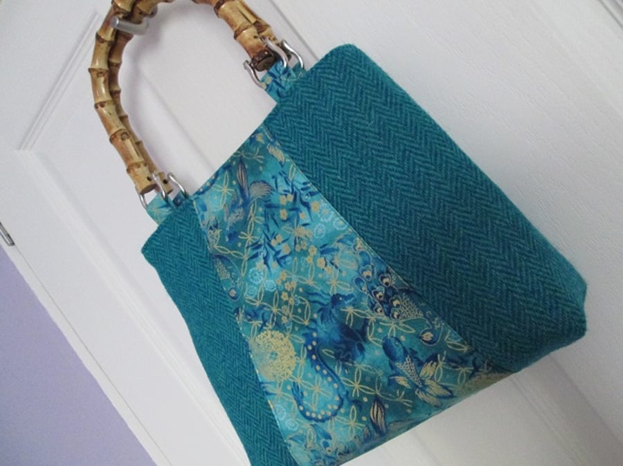 SOLD - Turquoise 'Harris Tweed' Handbag with Dragon Panel and Bamboo Handles