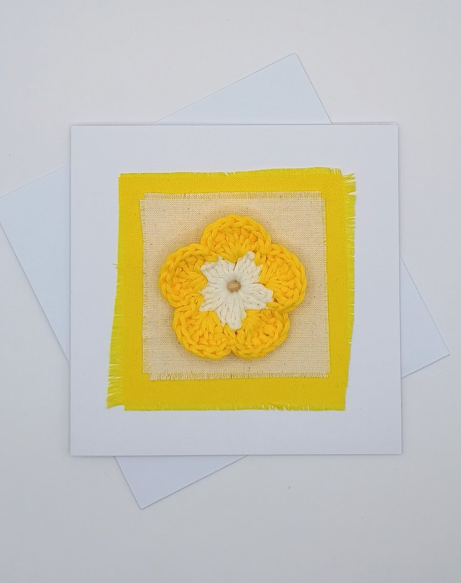 Blank Greetings Card - Crocheted Yellow Flower & Fabric Card