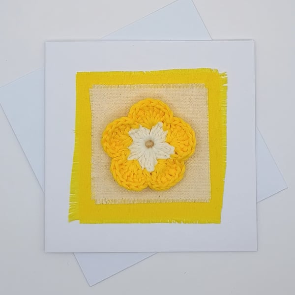 Blank Greetings Card - Crocheted Yellow Flower & Fabric Card