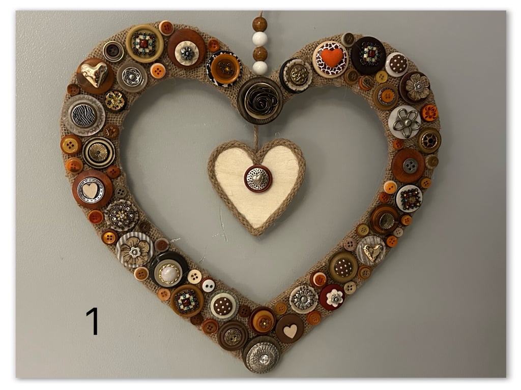 Handmade Button & Hessian Heart Wreath - Unique Wall Decoration
