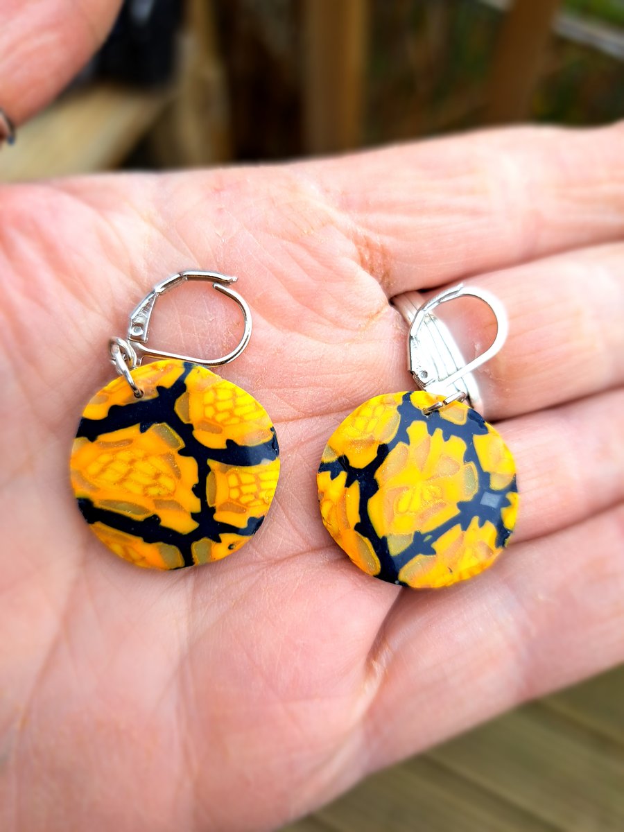 Sunbeam earrings, blue with yellow and gold