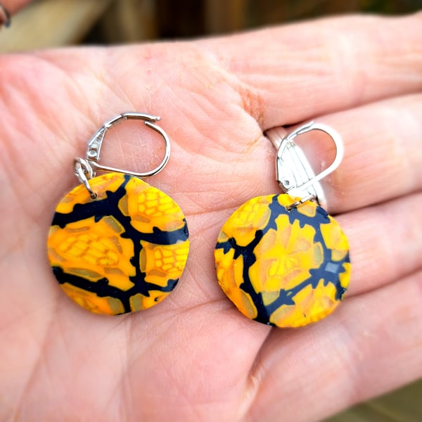 Sunbeam earrings, blue with yellow and gold