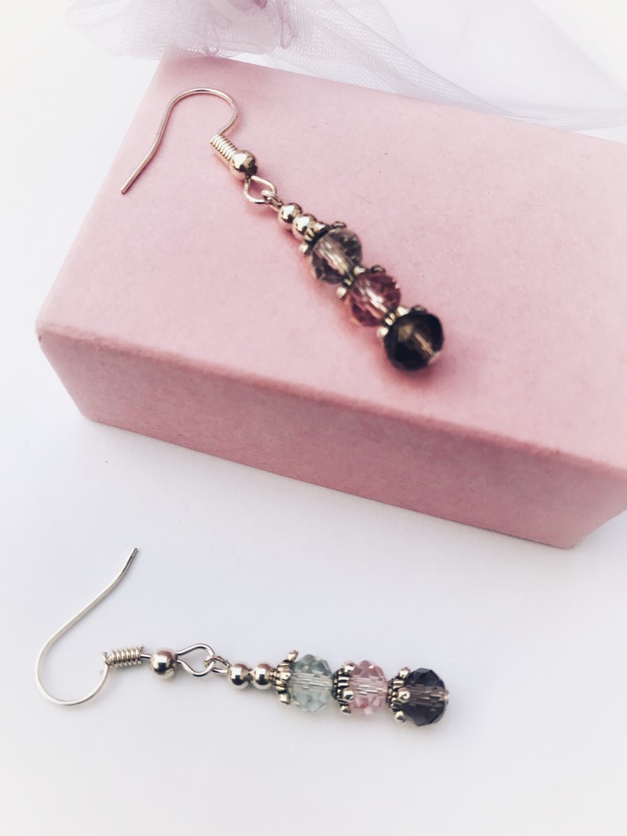 FREE P&P Crystal, pink and camel glass rondelle earrings 