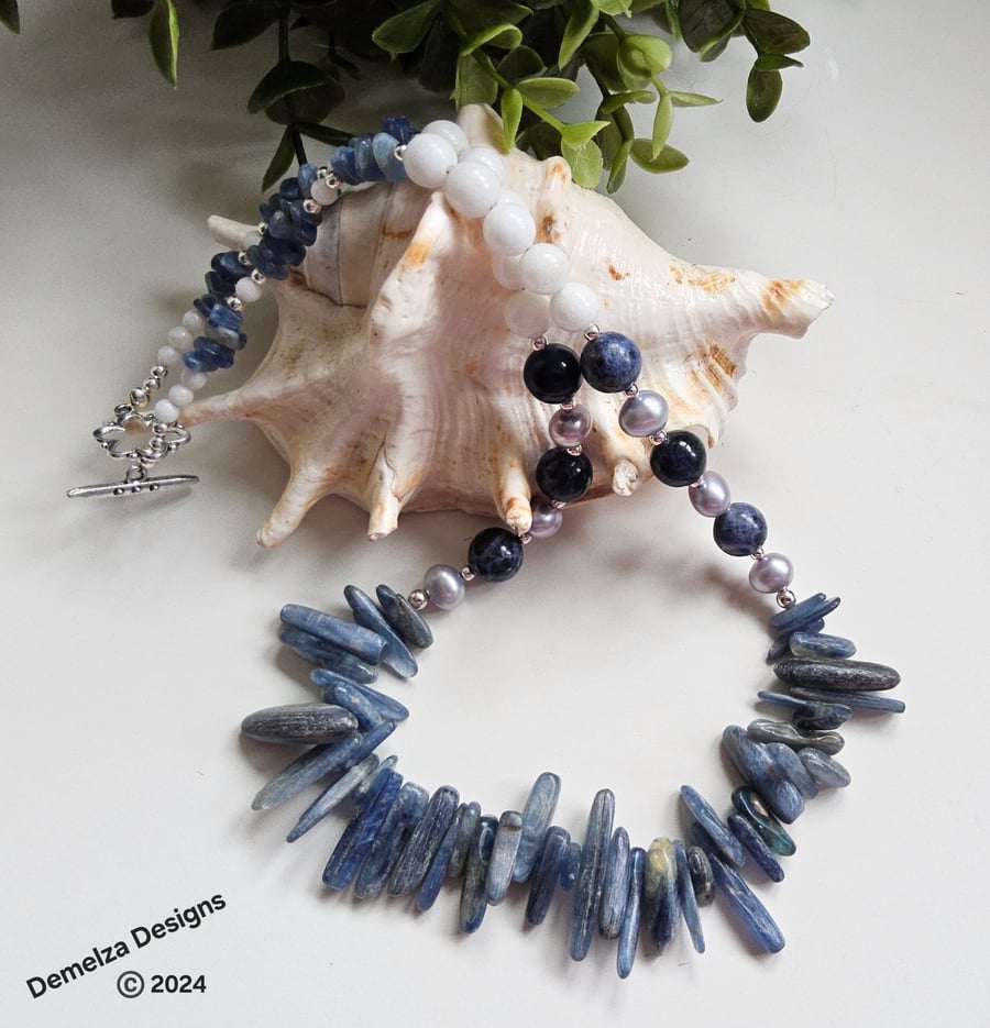 Designer Blue Kyanite, Potato Freshwater Pearls, Sodalite, Onyx Necklace 