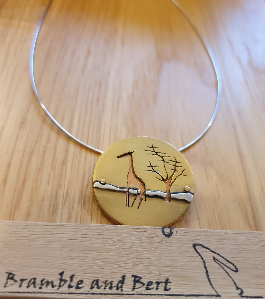 Brass and copper pendant - Giraffe in the Savannah