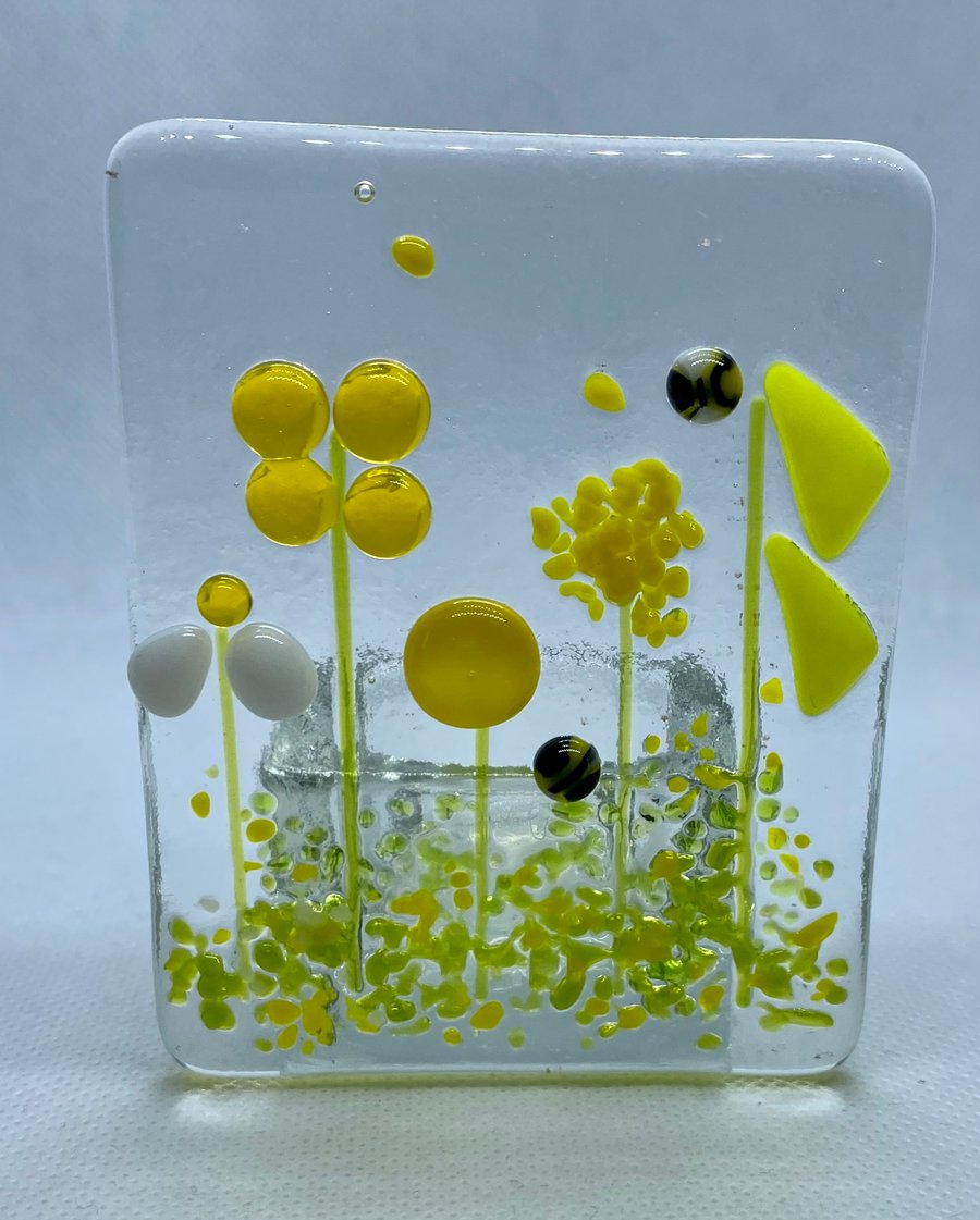 Fused glass yellow flower meadow tea light holder