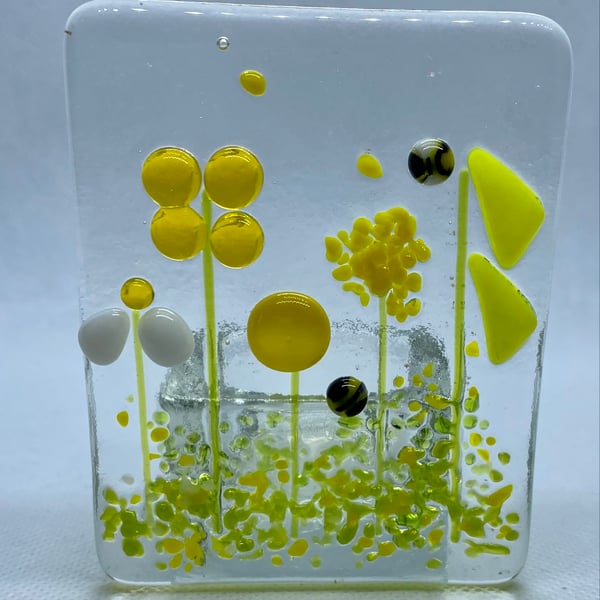 Fused glass yellow flower meadow tea light holder