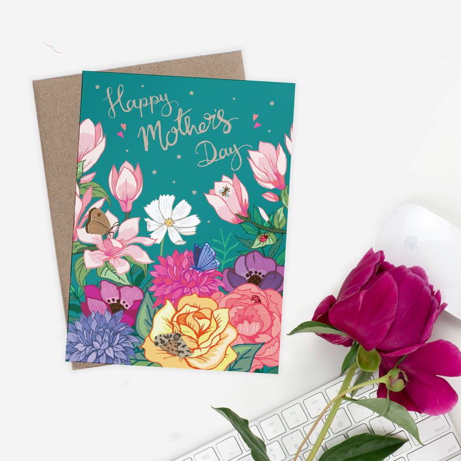 Mother's Day Card, floral and teal A5 sized free UK shipping