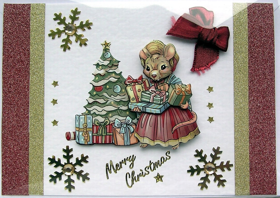 Hand Crafted Decoupage Chistmas Card - Merry Christmas (2485) - Mouse