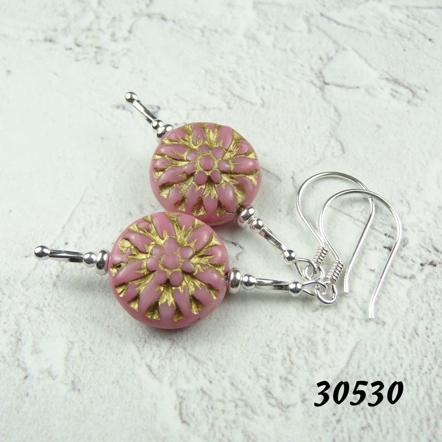 Pink Czech glass drop earrings, sterling silver, dahlia flower (30530)