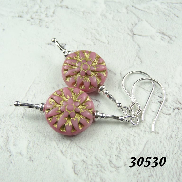 Pink Czech glass drop earrings, sterling silver, dahlia flower (30530)