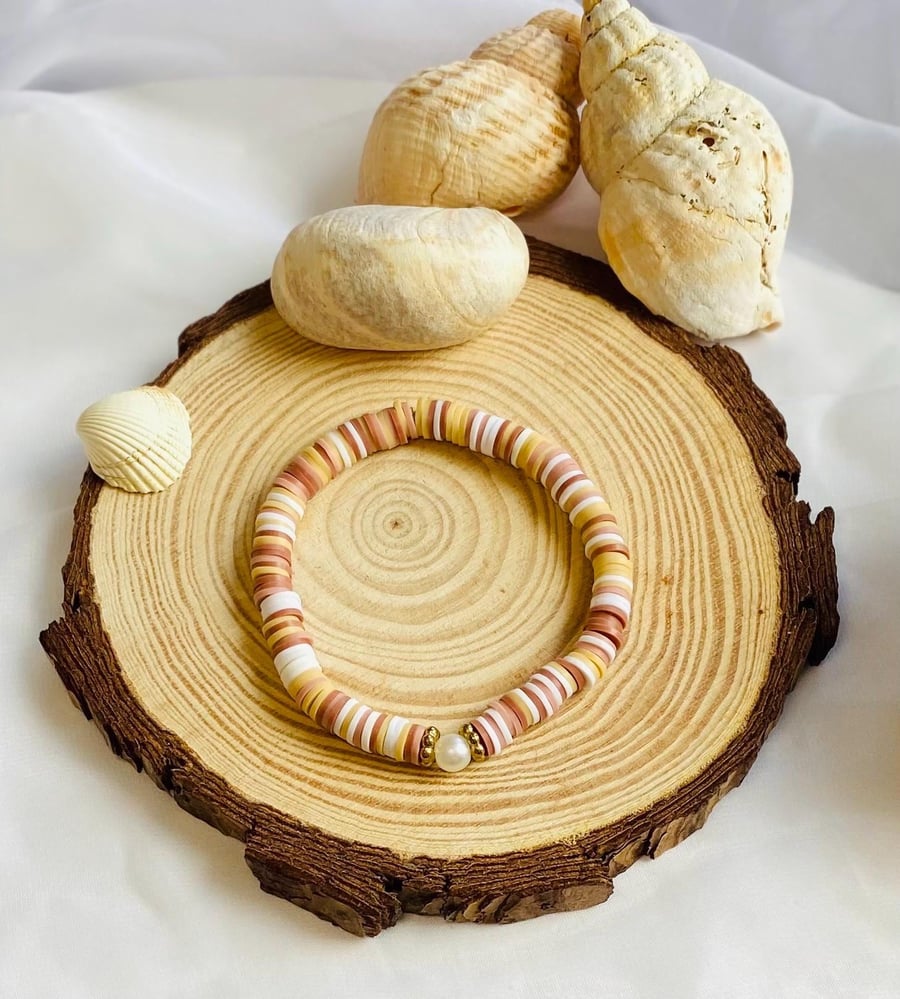 Driftwood Brown Clay Beaded Bracelet Handmade Stretch Bracelet